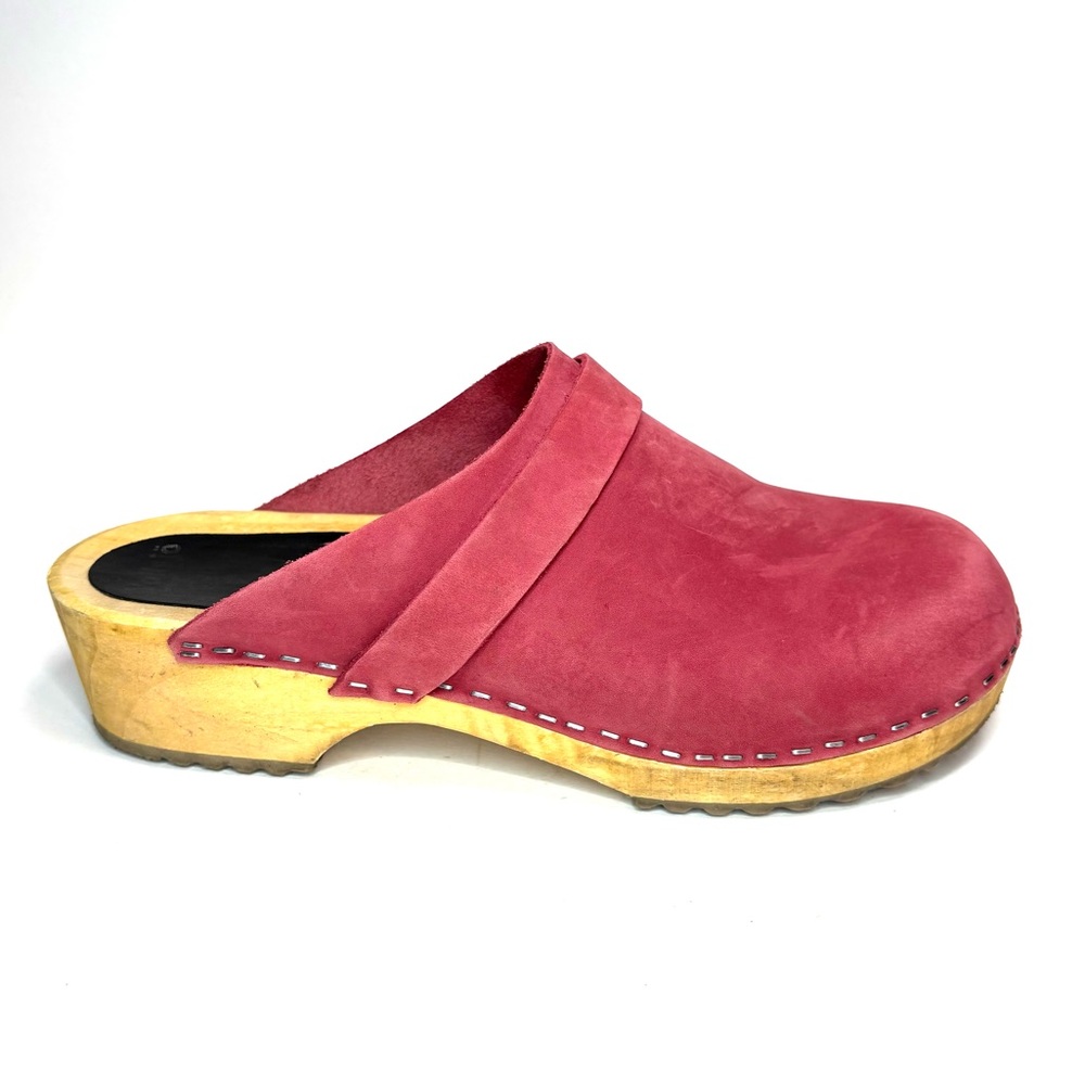 Women's Pink Suede Wooden Clog Mules - Picture 5 of 8